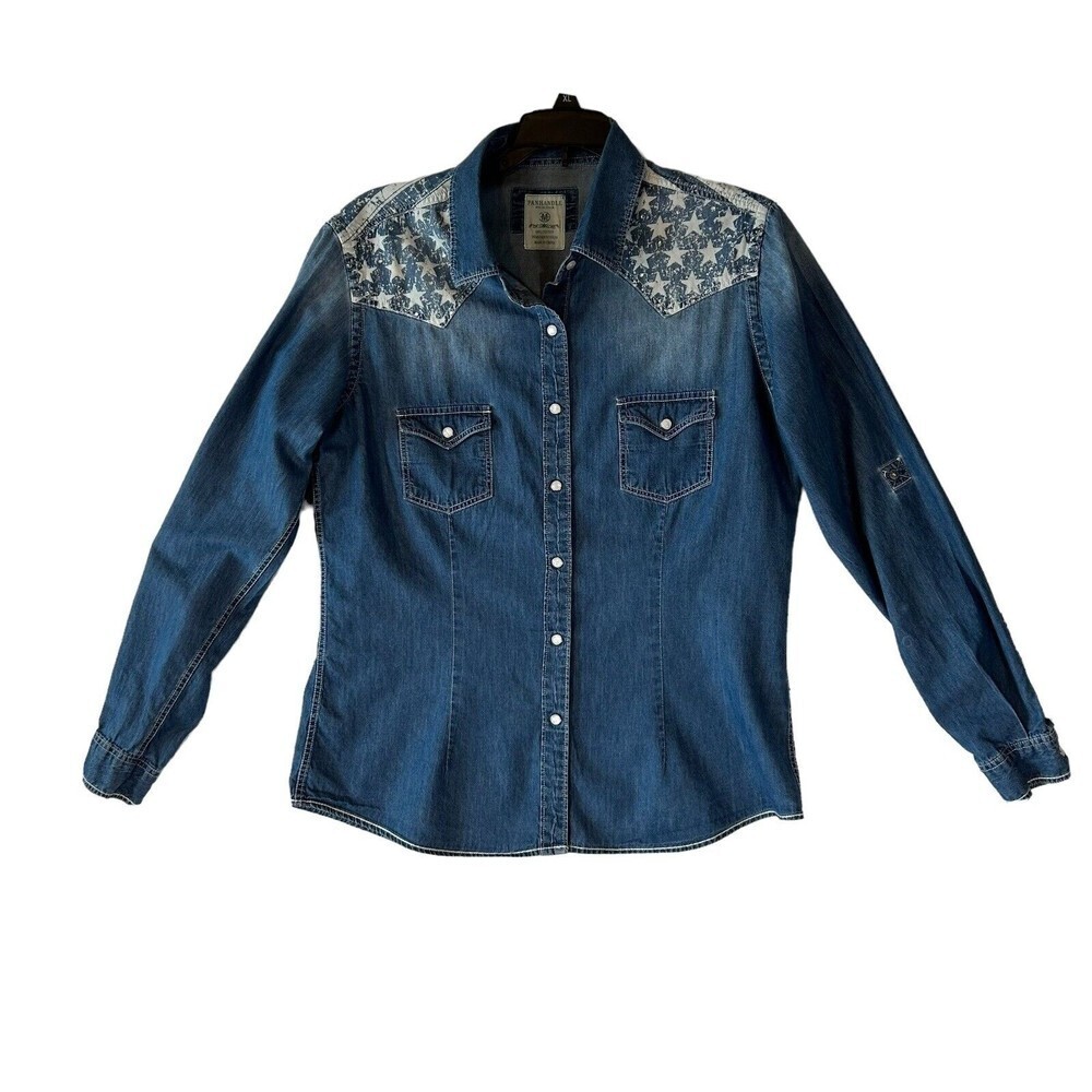 Panhandle Women’s Size M Denim Blue Cowgirl Western W/Rhinestones and Pearl Snap